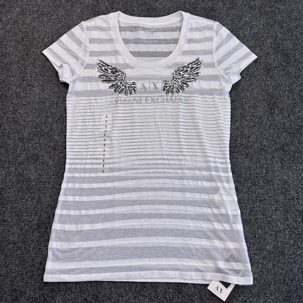 NWT Armani Exchange AX T Shirt Top Womens Size Small White Striped Sequin Logo